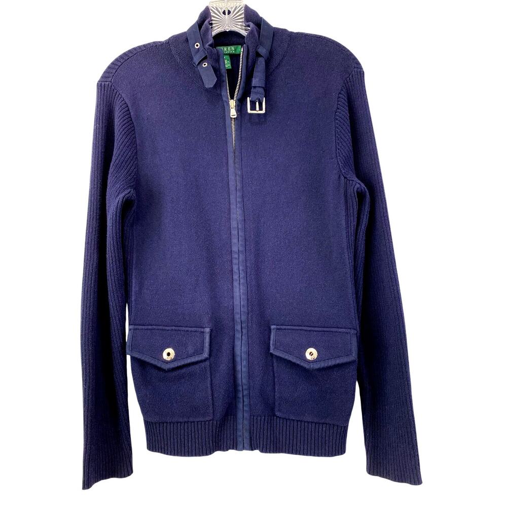 Ralph Lauren‎ Rib Knit Cotton Full Zip Sweater Jacket Cardigan Size M Military